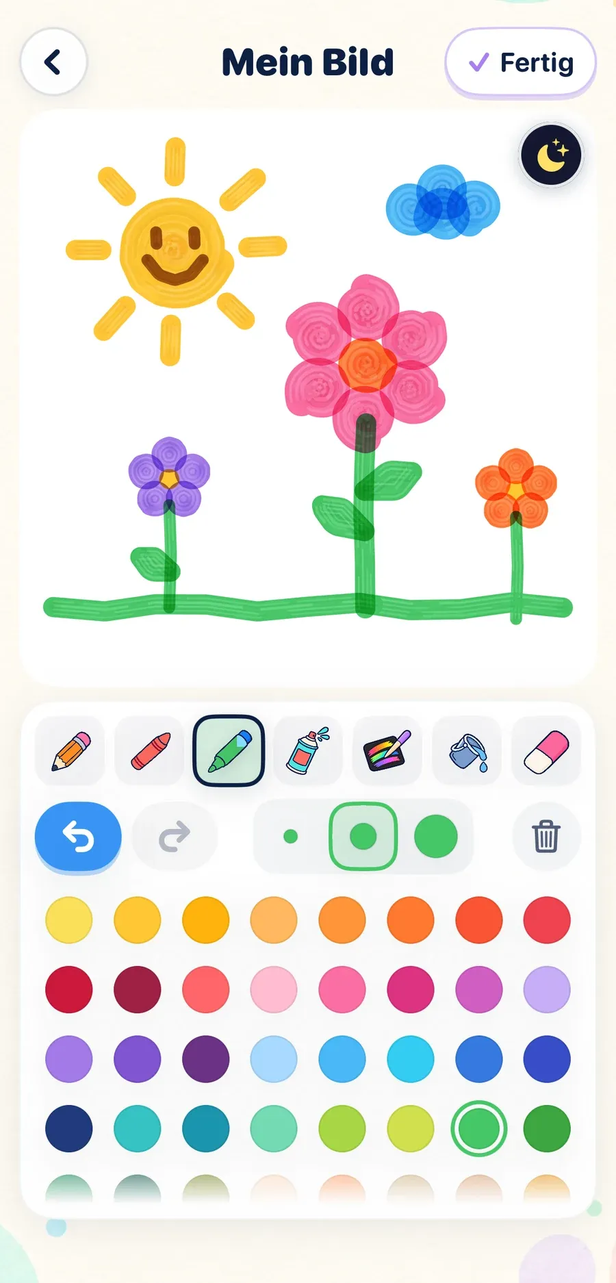 Ein frei gemaltes Bild mit Sonne und Blumen